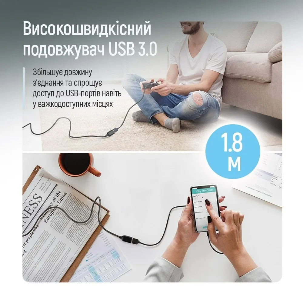 Кабель ColorWay USB - USB V 3.0 (M/F), 1.8 м, Black (CW-CBUF075-BK) - мініатюра 6